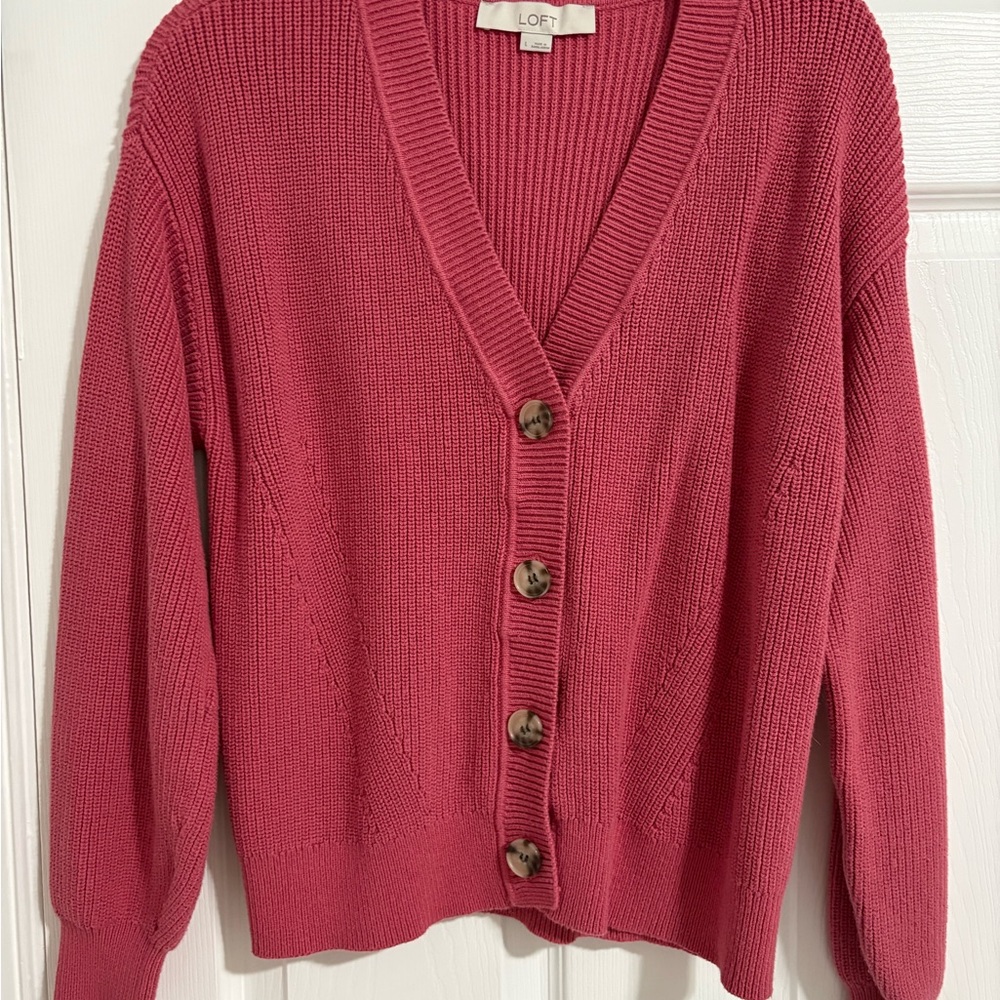 LOFT Pink Cardigan Sweater V-Neck Ribbed Knit